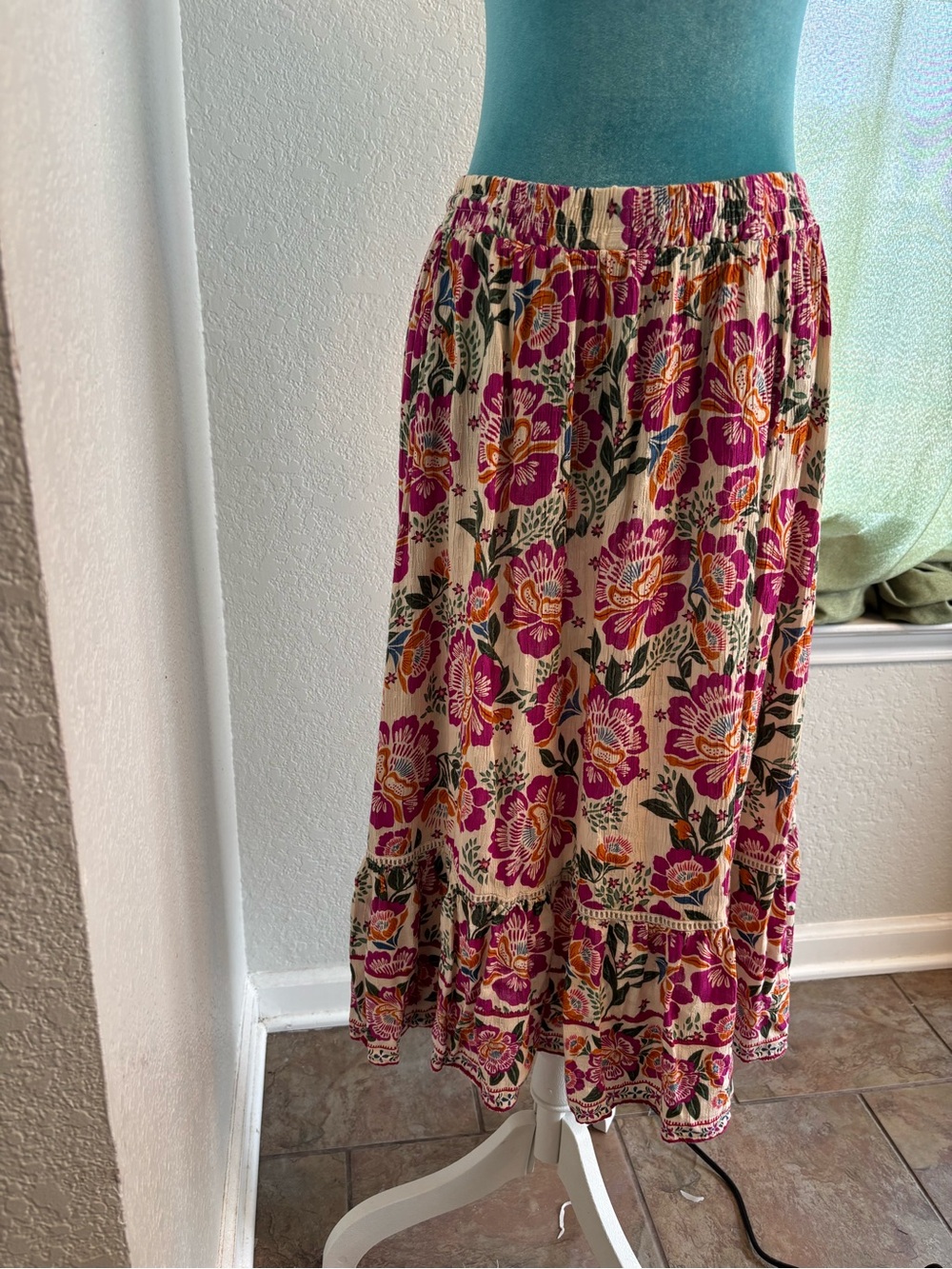 Nicole Miller Boho Floral Tiered Midi Skirt Large Cottagecore Festival Indie
